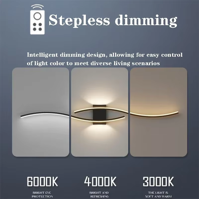 Moderne LED bande applique Double courbe télécommande lumière chevet décor noir or appliques murales