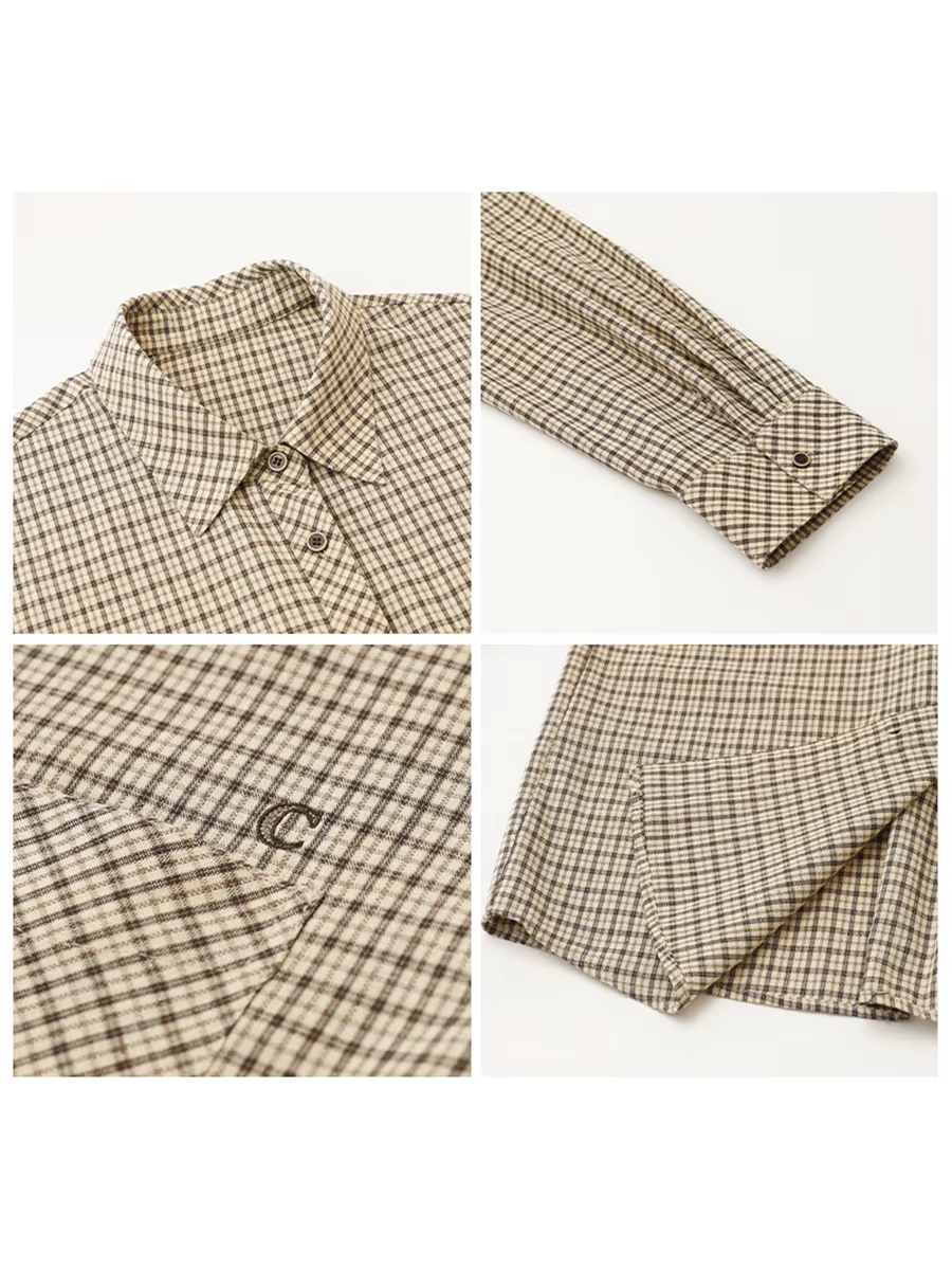 CHIC VEN femmes chemise ample décontracté simple boutonnage nouveau rétro contraste Plaid brodé Blou