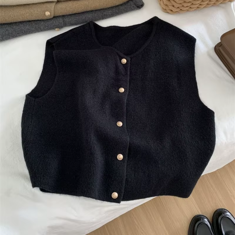 Cardigan coréen à col ras du cou pour femmes, boutons solides, manches courtes, manteaux, pull trico