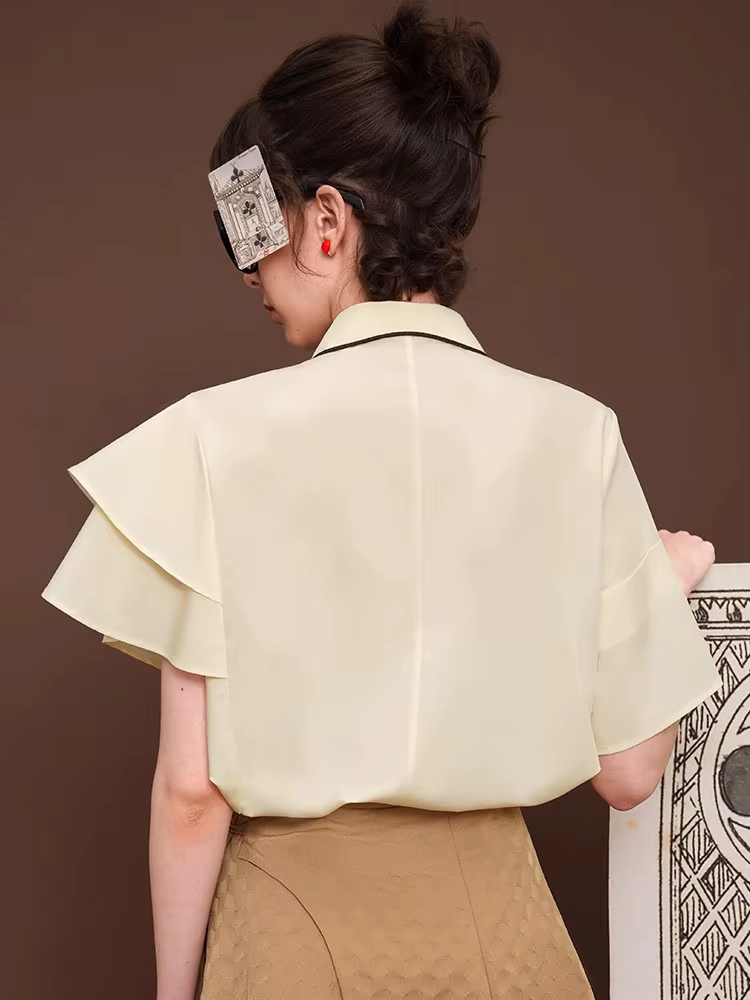 Chemise à manches courtes en forme de feuille de lotus pour femme, broderie poker, design original,