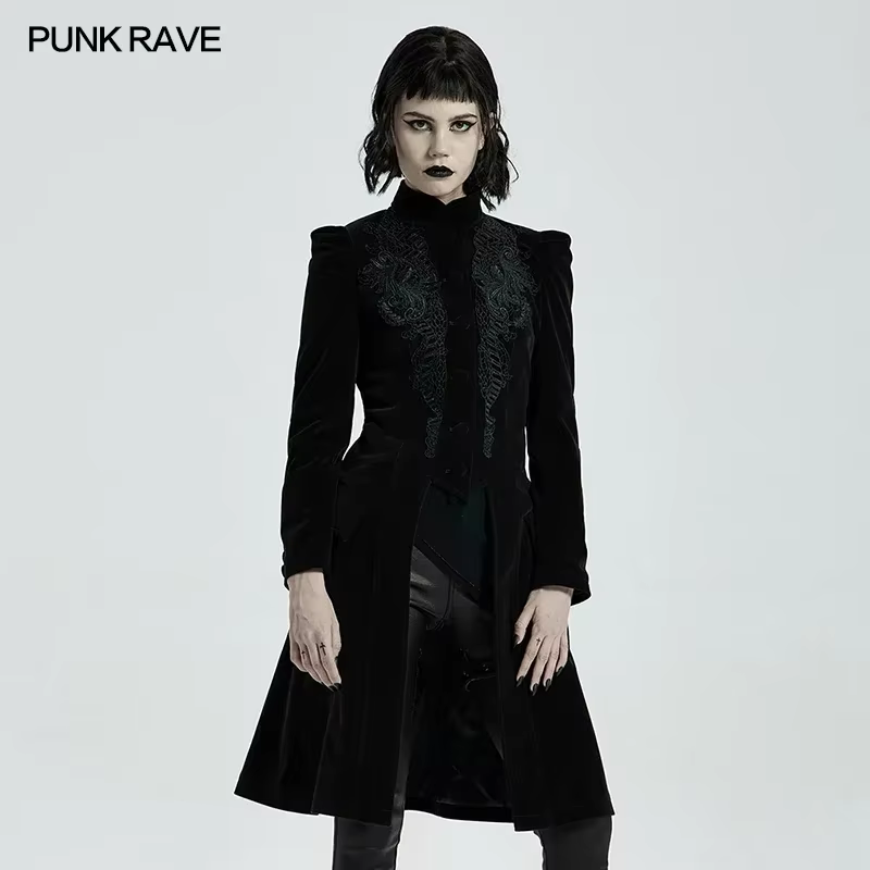 PUNK RAVE-Manteau mi-long gothique pour femme, magnifique veste rétro, velours de trame de haute qua