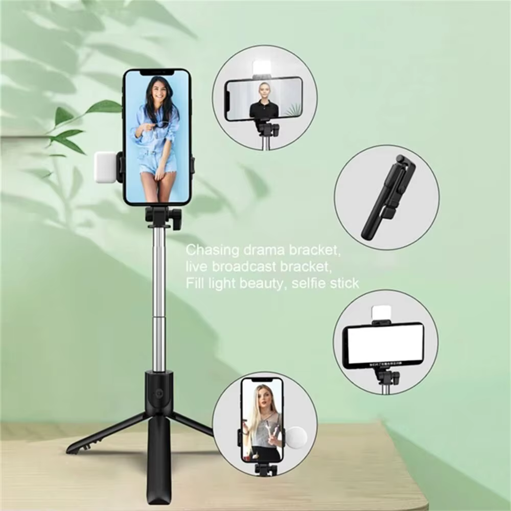 Trépied Portable Bluetooth pour perche à Selfie, avec obturateur à distance, lumière de remplissage,