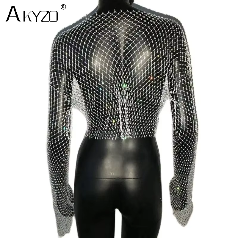 T-shirt en résille transparent pour femmes, Sexy, paillettes, strass, maille creuse, manches longues