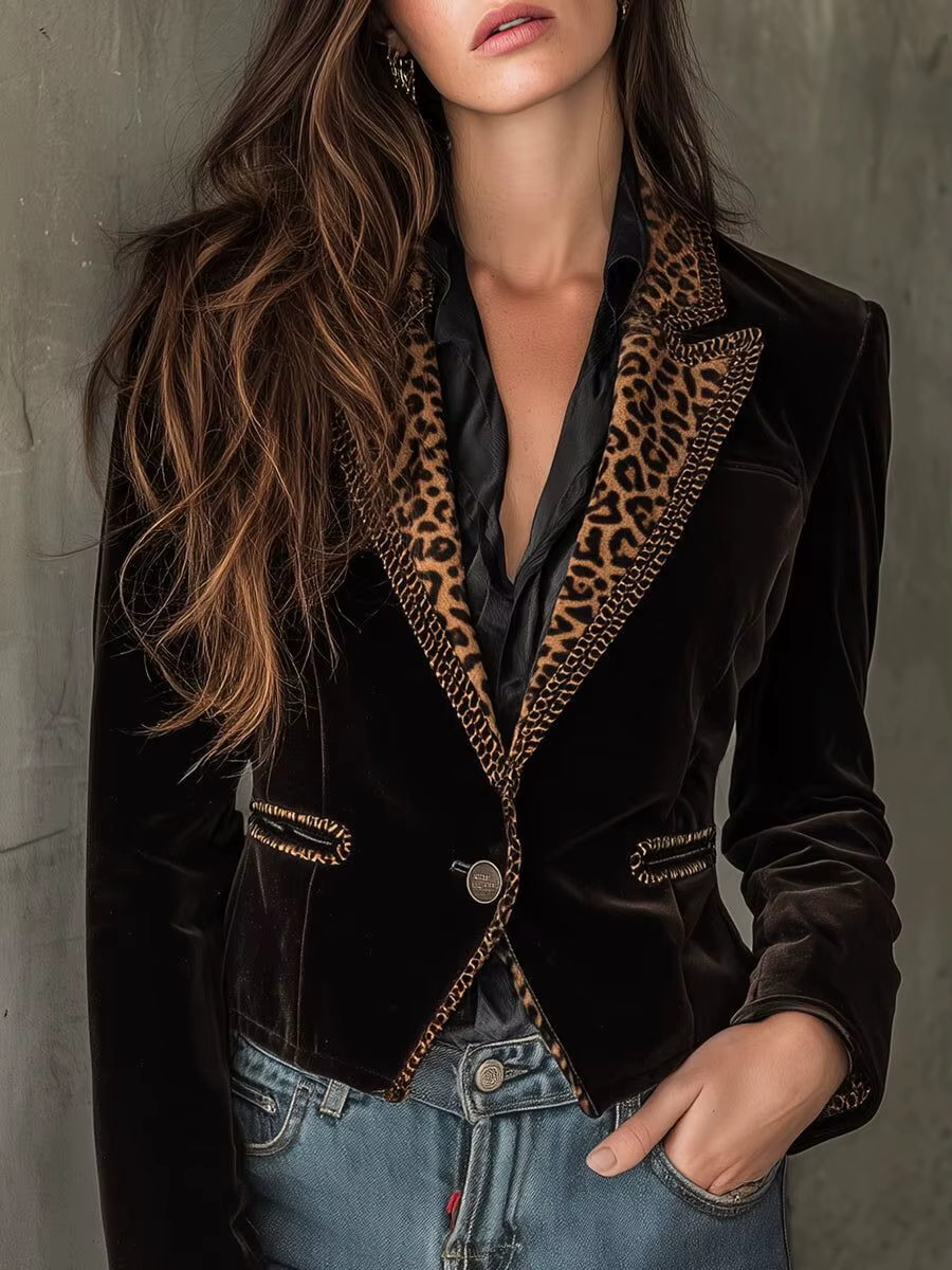 Veste à col léopard pour femmes, automne, bouton unique, Slim, velours, Vintage, élégant, bureau, ma