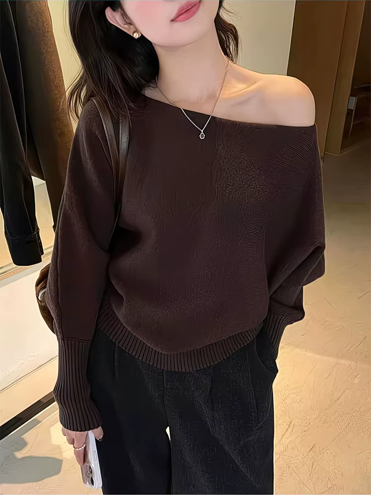 Batwing – Pull tricoté à manches longues pour femme, haut épais à épaules dénudées, mode coréenne, a
