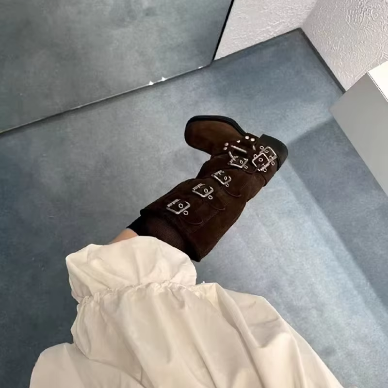 Chaussures de luxe pour femmes, bottes de moto Vintage avec boucle à talon épais de haute qualité, b