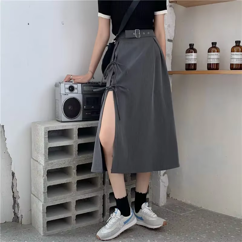 Jupes mi-mollet à fente haute gothique foncé vintage pour femmes, mode élégante, fête, club, taille