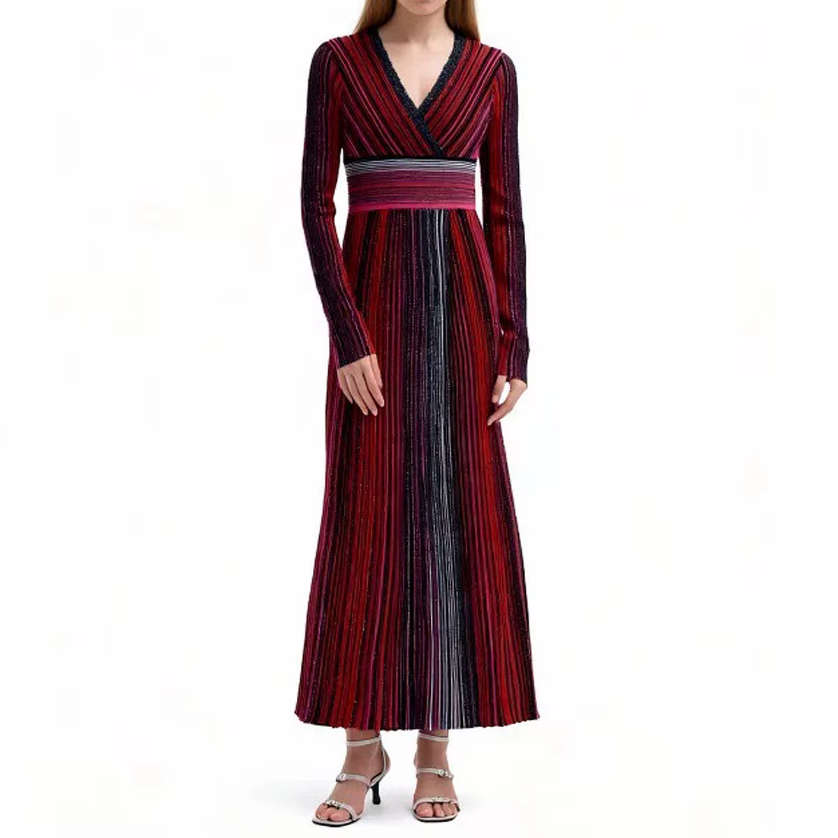 Robe longue trapèze en tricot rayé pour femme, nouveau Style élégant, Slim, ajusté, col en v, manche