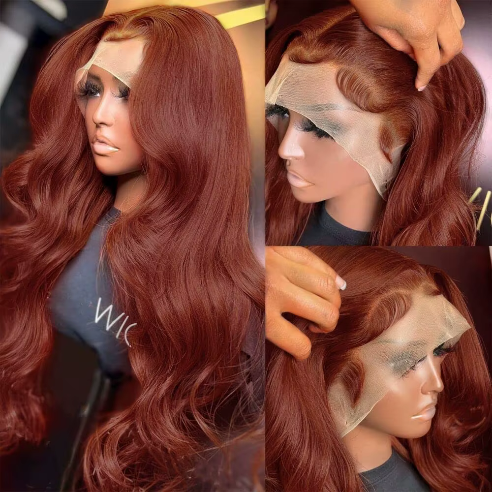 Perruque Lace Front Wig Body Wave naturelle, cheveux roux, brun foncé, 13x6 HD, 13x4, pre-plucked, e