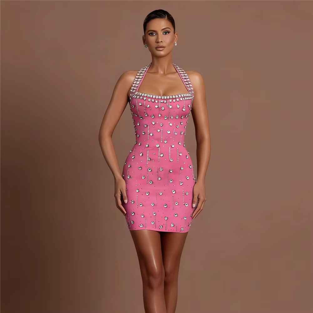 Robe de soirée mini pour femme, style halter, ornée de strass et de diamants, idéale pour les clubs 