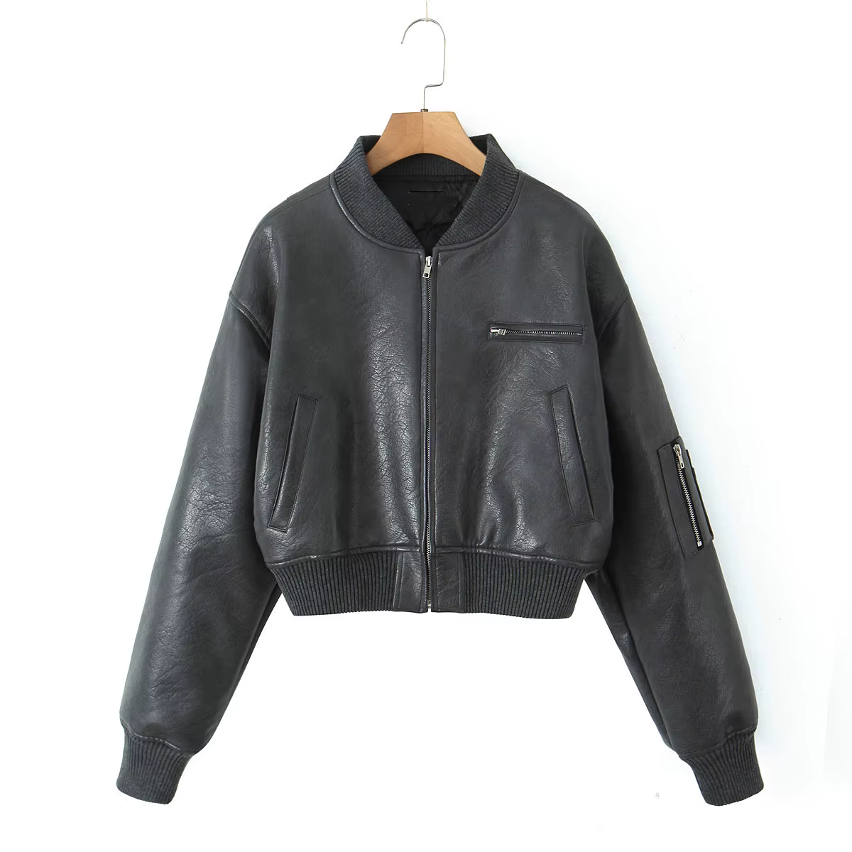 Y2K-Blouson en Cuir PU pour Femme, Col en V Côtelé, Manches sulf, Fermeture Éclair, Manteau Matelass