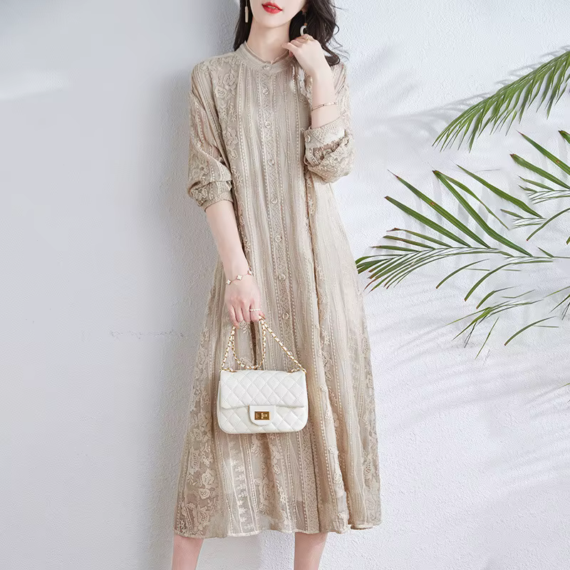 Birdtree-Robe mi-longue brodée en dentelle naturelle pour femme, robes taille haute à col rond, élég