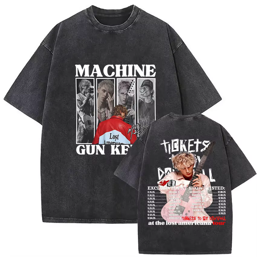 Rappeur MGK perdu Americana Tour 2025 T-shirts mitrailleuse Kelly Vintage lavé graphique T-shirt hom