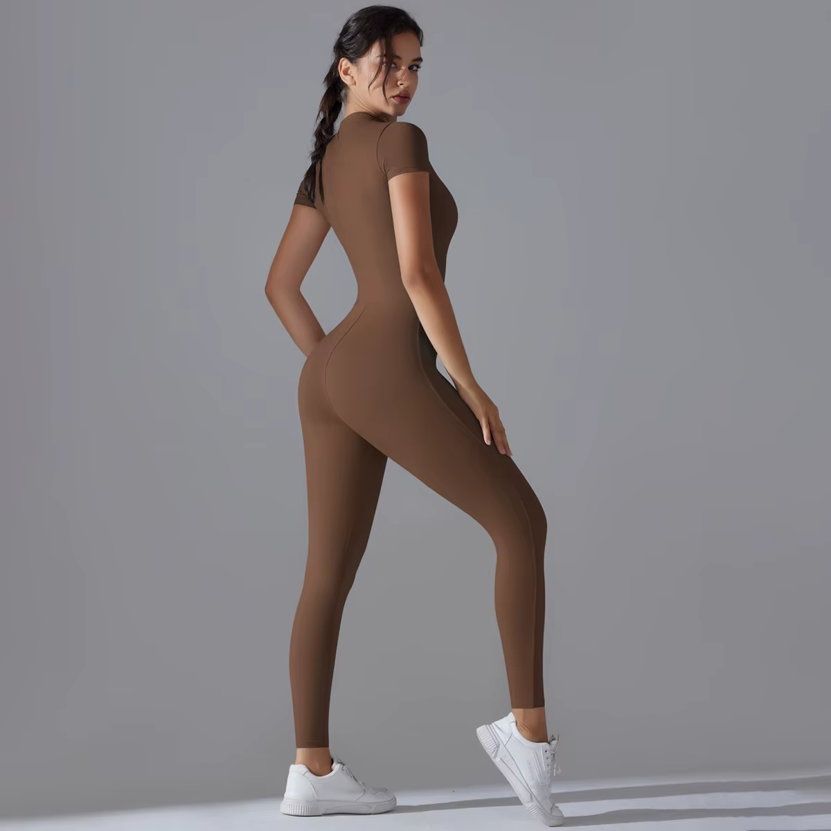 Ensemble de Yoga, combinaisons une pièce pour femmes, fermeture éclair, manches courtes, vêtements d