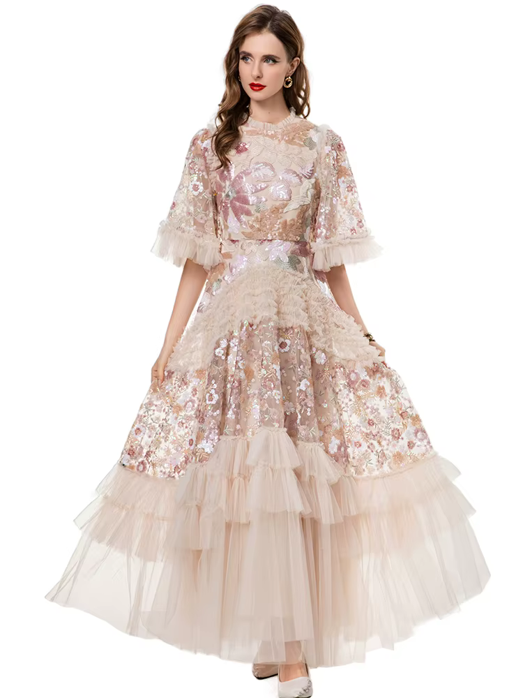 DSXDFACAIRIJ femmes paillettes fleur broderie col rond manches évasées à volants Vintage robe de bal