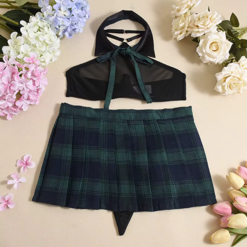 Ensemble de lingerie fantaisie pour étudiants, style cosplay, jupe écossaise verte, soutien-gorge ha