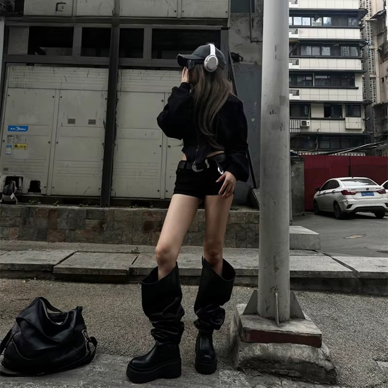 Bottes hautes au genou pour femmes, chaussons longs plissés à enfiler, talons carrés, chaussures pou