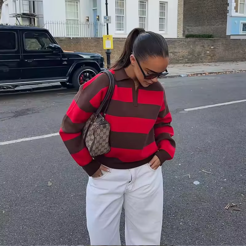 Pull tricoté rayé col polo pour femme, nouvelle collection 2026, mode printemps, coupe ample, élégan