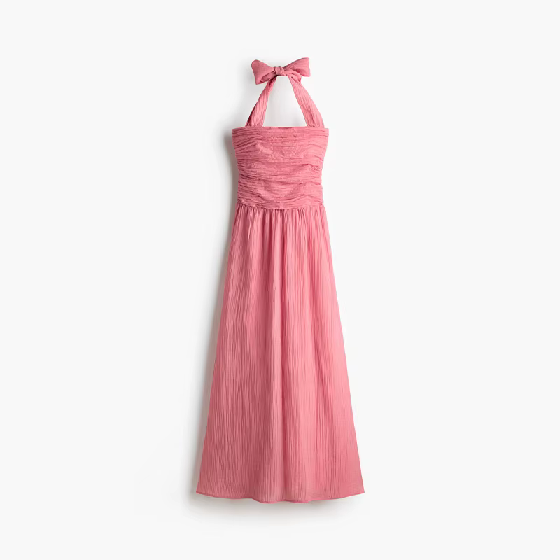 Robe longue rose à licou pour femme, sans manches, dos nu, froncée, élégante, pour soirée, nouvelle 