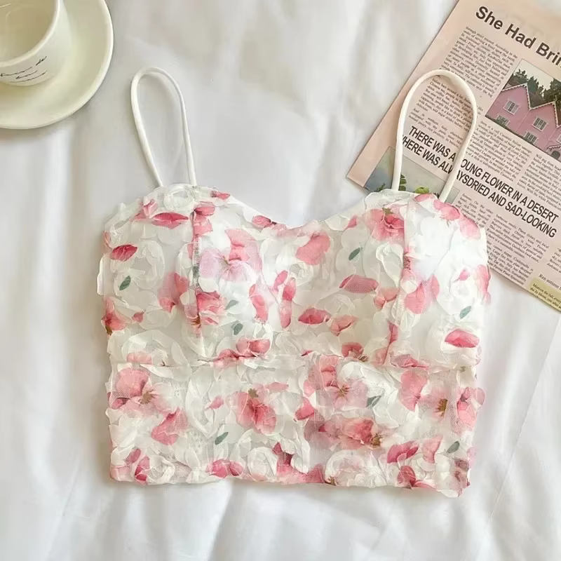 Crop top en dentelle pour femme, motif floral rose, soutien-gorge tube en maille, soutien-gorge dos 