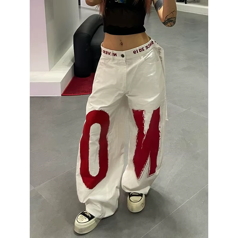 ZHIZOU femmes blanc lettre imprimer Y2k Baggy jean 2000s Style Denim pantalon Harajuku Vintage surdi