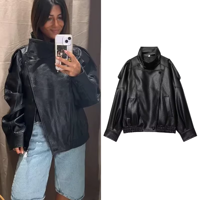 TFMLN – vestes Chic en Faux cuir noir pour femme, manteaux surdimensionnés élastiques à manches long