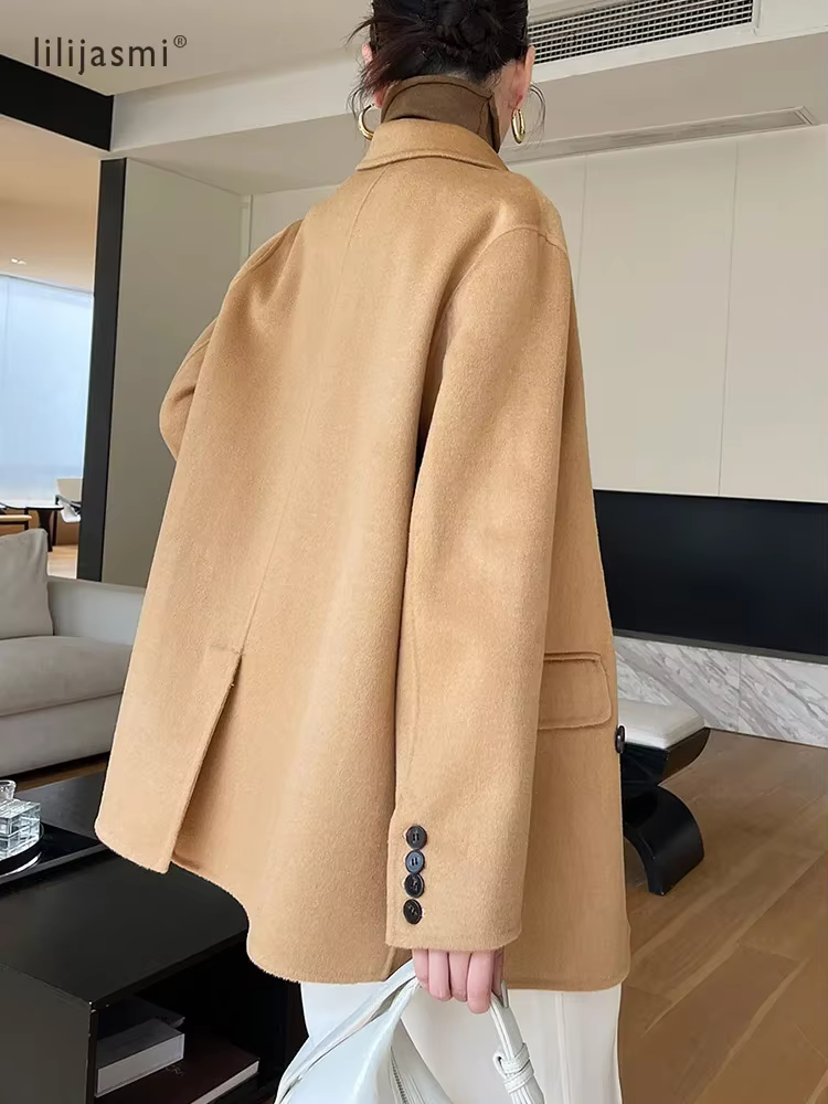 Blazer court en laine à revers crantés pour femme, 100% laine, avec poignets de travail, non doublé,