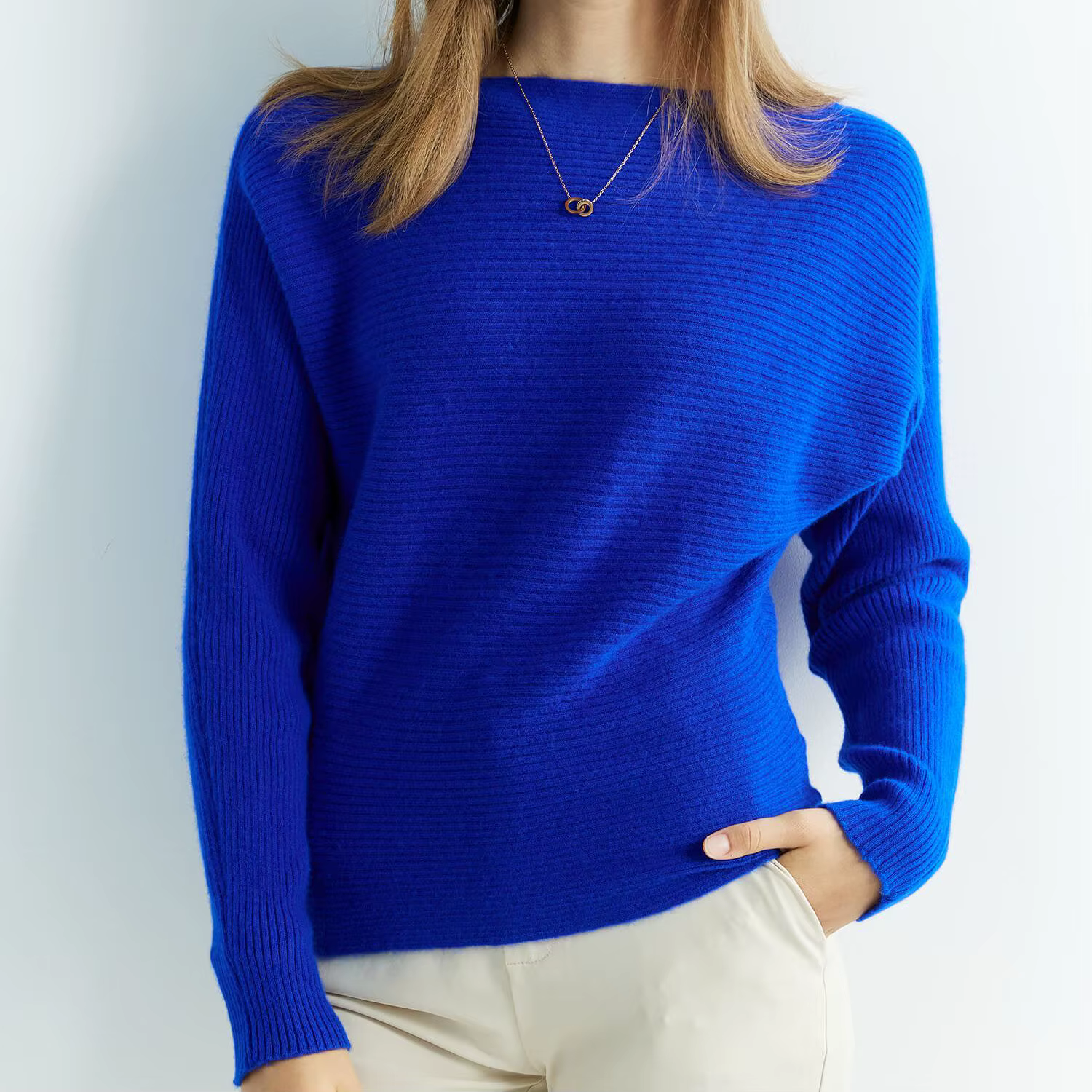 Pull tricoté en cachemire et laine mérinos pour femme, col rond, manches chauve-souris, vêtement d'h