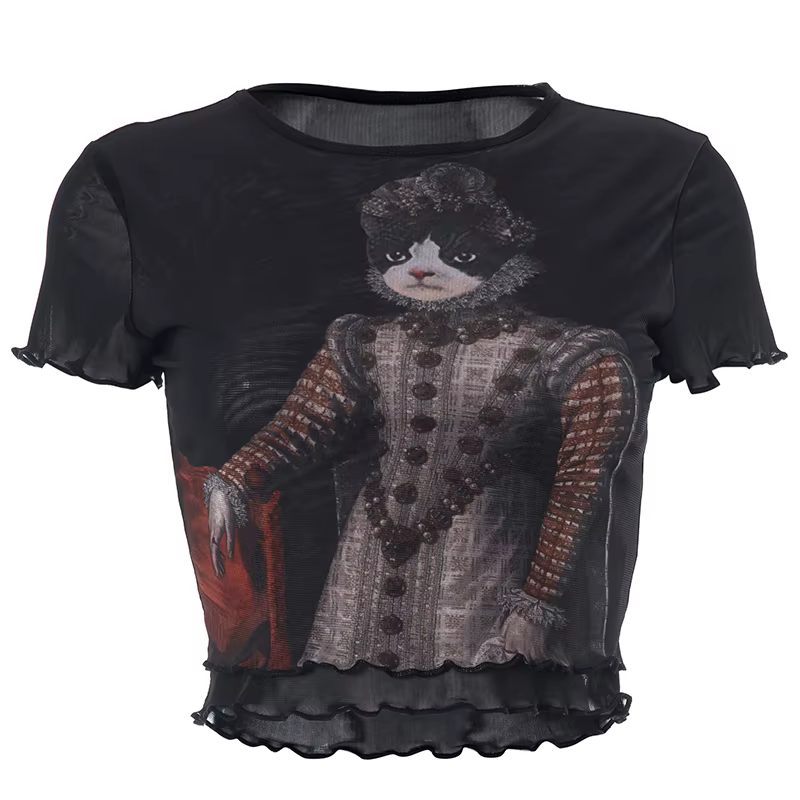 Y2K-T-shirt à manches courtes en maille de dentelle pour femmes, haut court imprimé chat, transparen