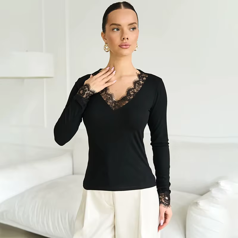 Tornova col en V dentelle t petit haut femmes Sexy nombril exposé pull mode épissure fille chaude Cl
