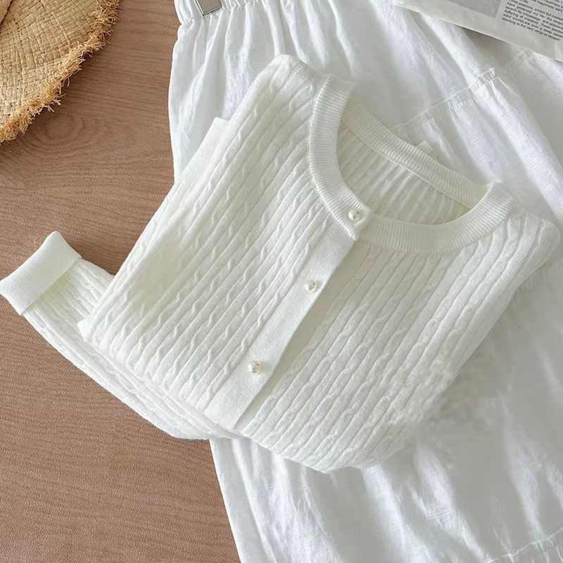 Élégant à manches longues tricots hauts femmes automne hiver simple boutonnage pull col rond épais c