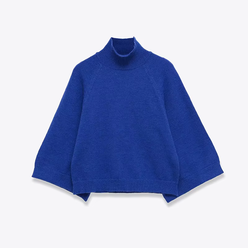 Pull en tricot bleu à manches larges pour femme, pull court à col haut, printemps 2025