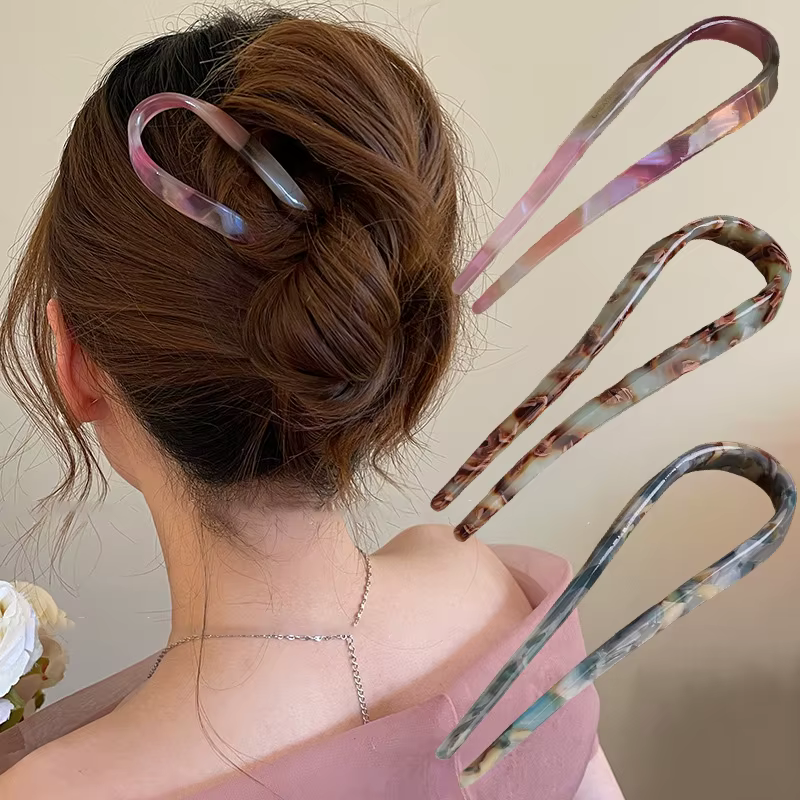 Bâtons de cheveux en forme de U, fourchette à cheveux en acétate acrylique, pinces à cheveux, nœud à