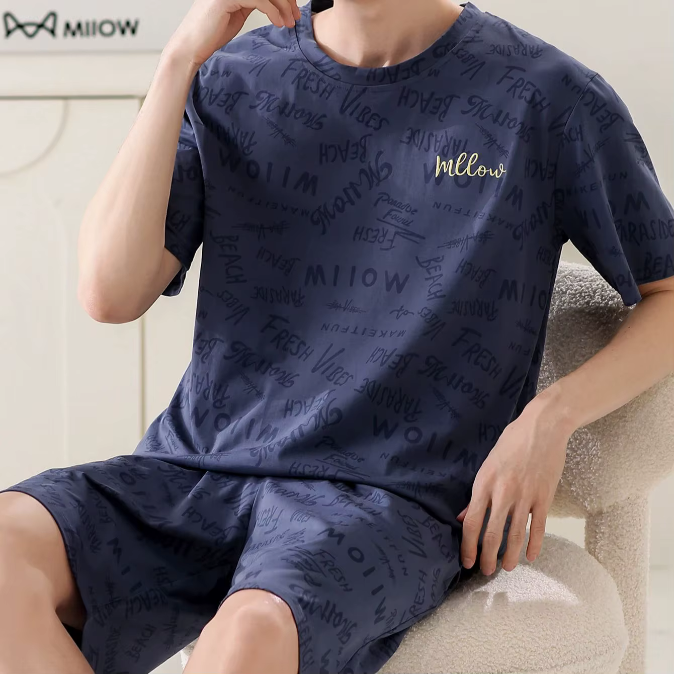 Ensemble pyjama pour homme, style décontracté et tendance, imprimé lettres, col rond [T-shirt], haut