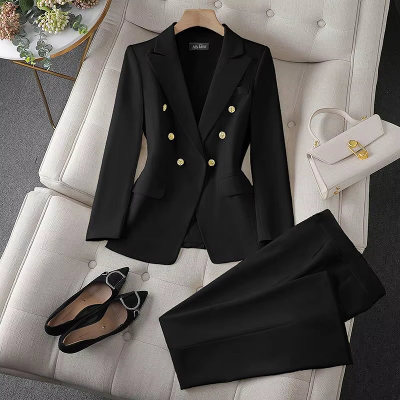 Ensemble 2 pièces de mode coréenne : Blazer à col rabattu et pantalon slim à manches longues pour fe