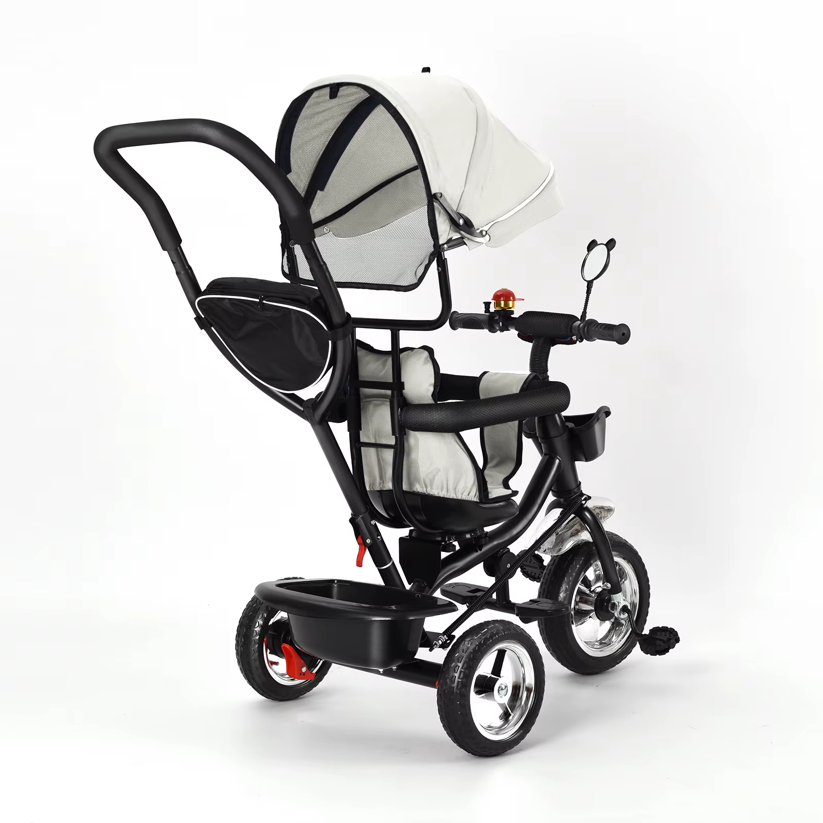 Tricycle avec barre de poussée, siège rotatif, voyage avant et arrière, auvent pliable avec protecti