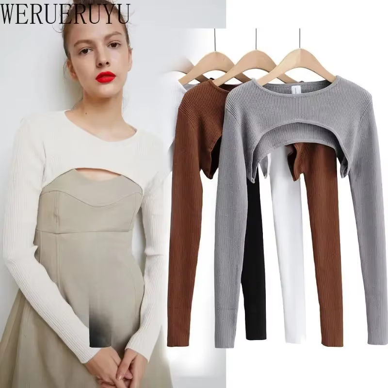 T-shirts femmes à manches longues haut court printemps automne Y2k vêtements esthétiques col rond no