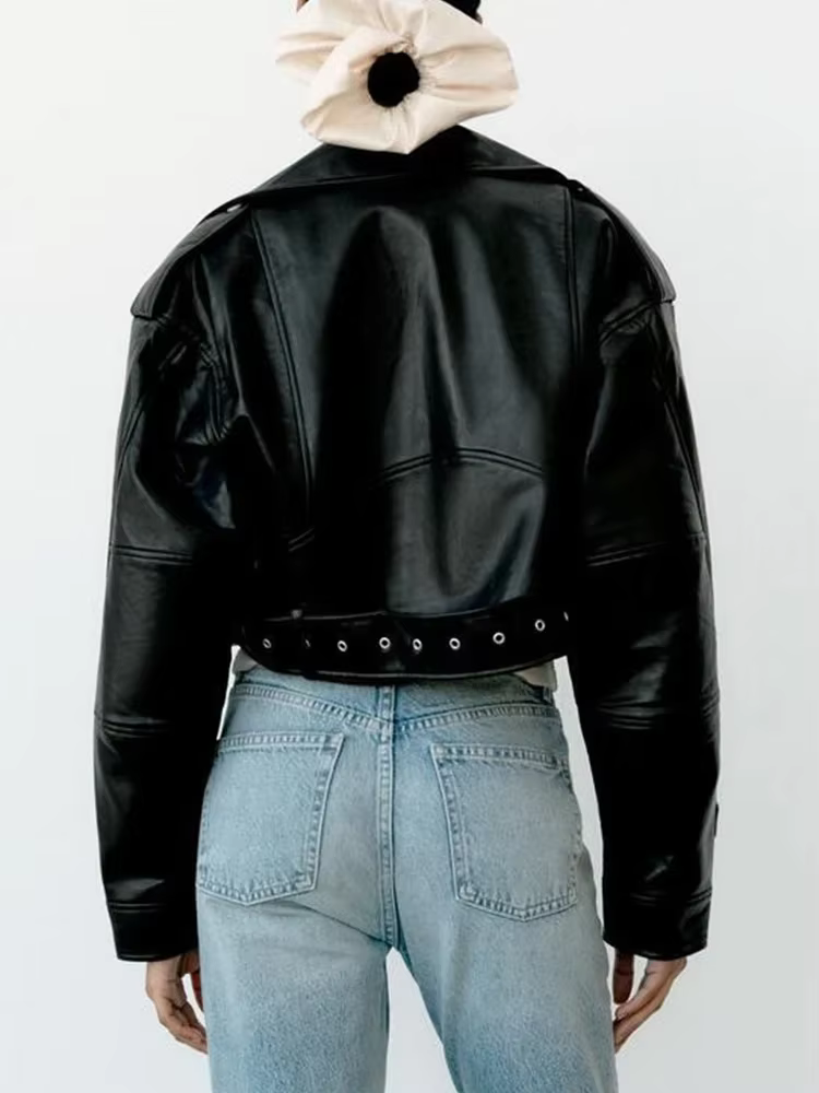 BBWM femmes surdimensionné Vintage ample Pu Faux cuir veste courte avec ceinture Streetwear femme fe