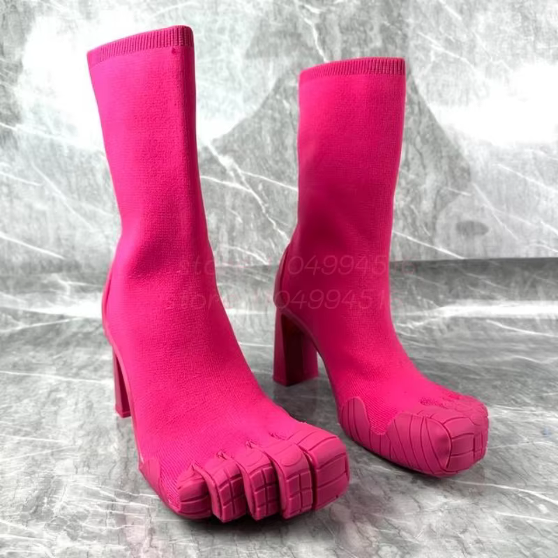 Femmes Fuchsia daim cinq doigts bottes en cuir noir bout fendu talon carré mi-mollet bottes sexy mod