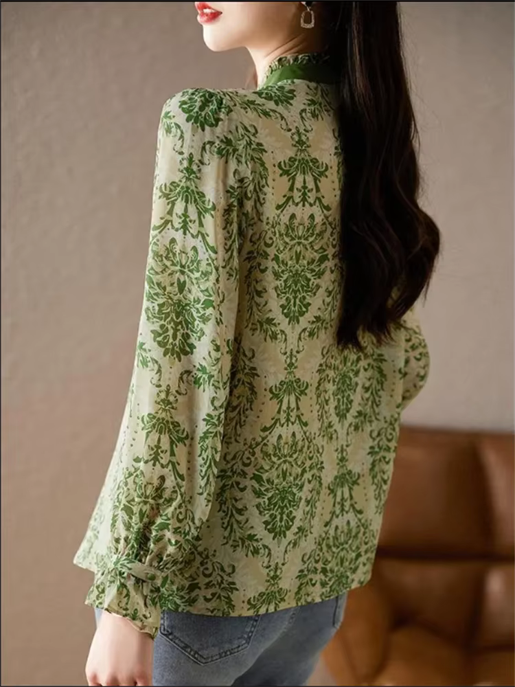Chemise à volants avec nœud pour femme, manches lanterne, haut décontracté, col montant, ruban, chem
