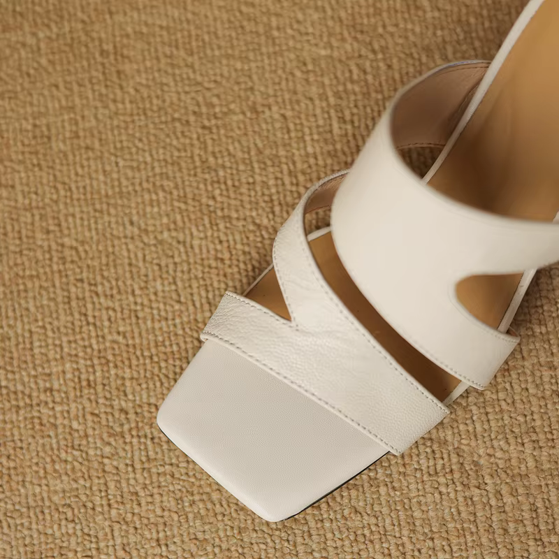 Sandales d'été en cuir véritable pour femmes, tête carrée, peau de mouton, talons hauts, surdimensio