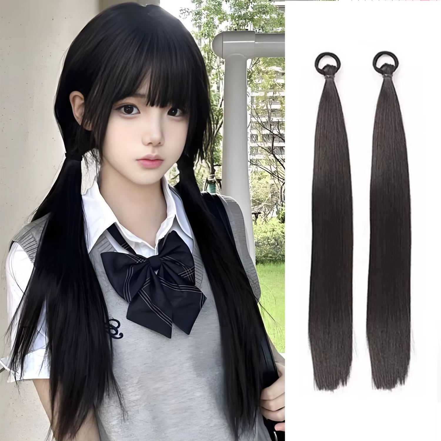 Paquet de 2 extensions de queue de cheval noires synthétiques avec cravate élastique, extensions de