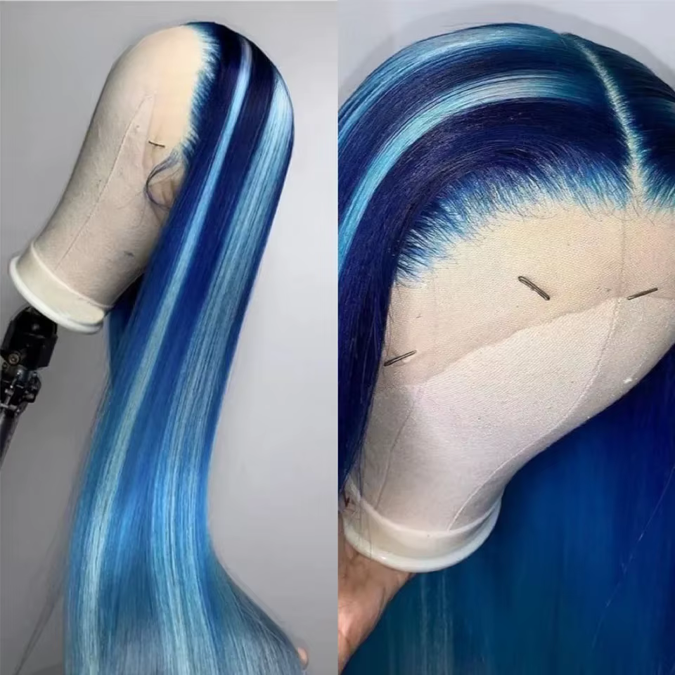 Perruque synthétique longue et droite bleue sans colle 13x4, pré-épilée, prête à porter pour femme,
