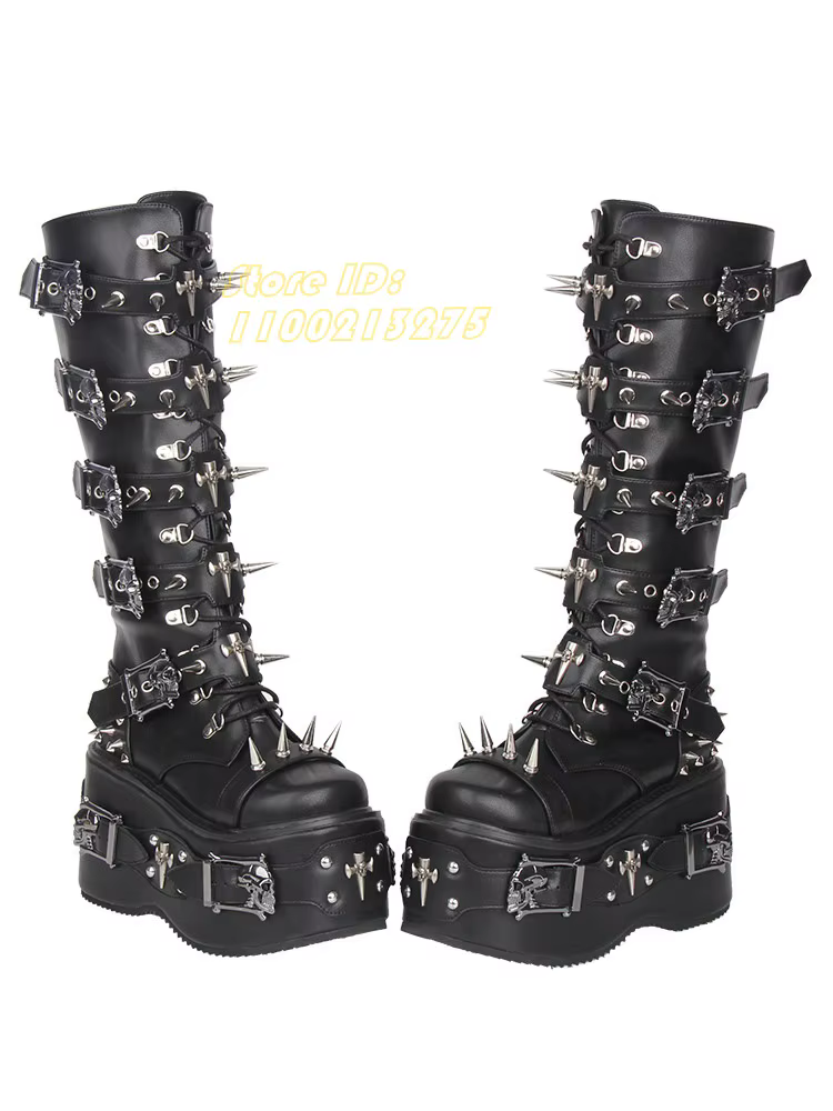 Bottes hautes à rivets et lanières, style punk, talon épais, fermeture éclair, bout rond, plateforme