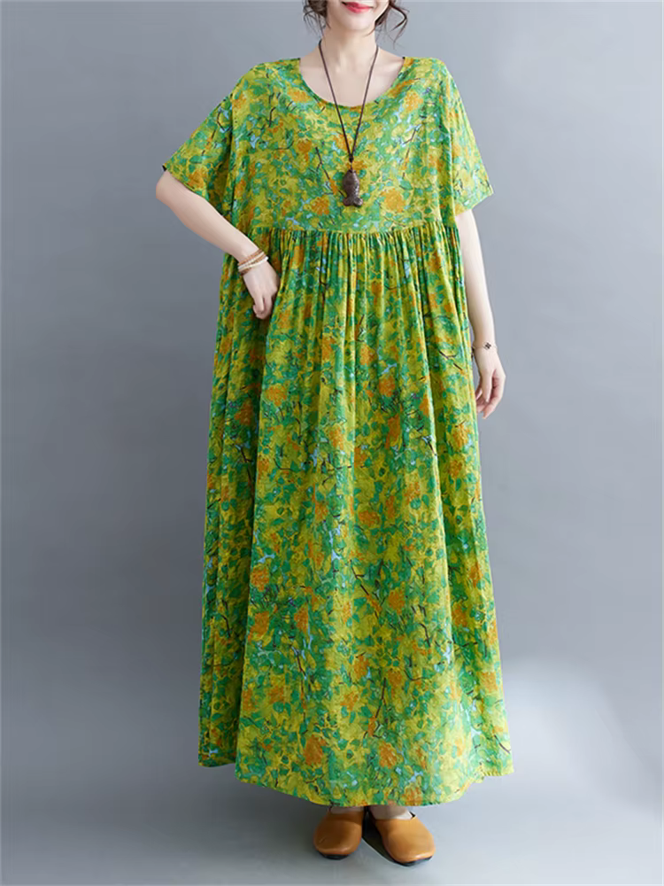 Robe longue décontractée en coton à manches courtes imprimé vert style vintage pour femme 2026 – Ten