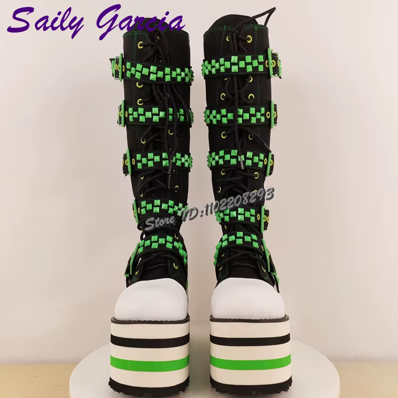 Bottes hautes à lacets avec bretelles à boucle verte, Punk, Patchwork, bout rond, plateforme, mode f
