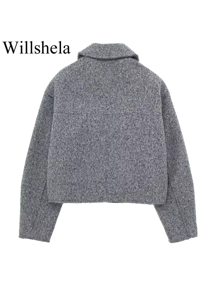 Willshela femmes mode avec poches gris avant vestes à glissière Vintage revers cou manches longues f