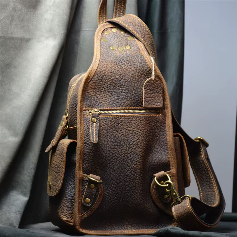 PNDME – sac de poitrine rétro en cuir véritable pour hommes, sac à bandoulière multifonctionnel en c