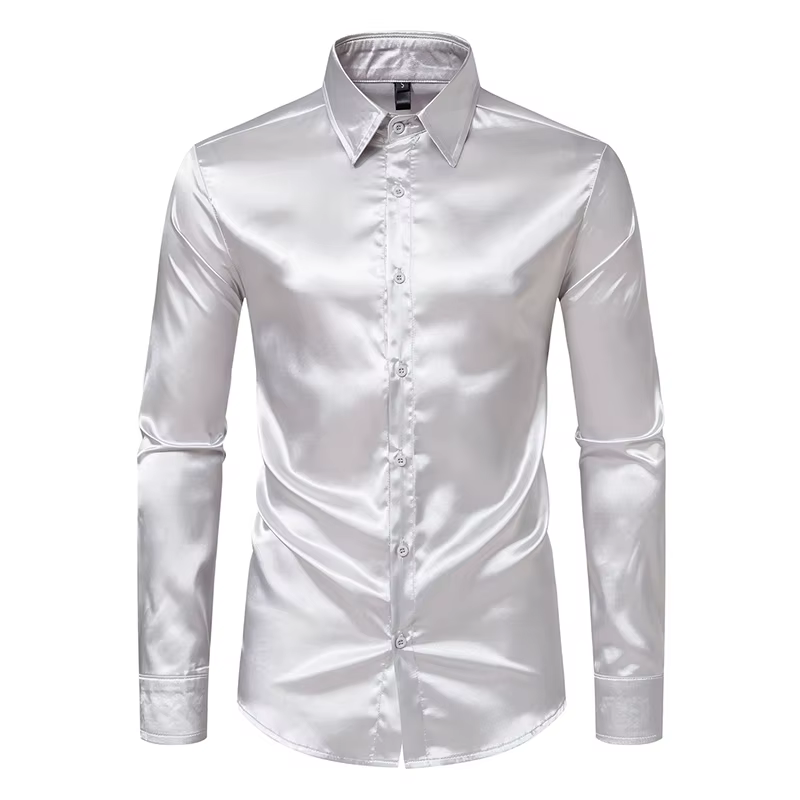 Chemises de luxe en Satin noir pour hommes, chemise de smoking lisse en soie, couleur unie, pour fêt