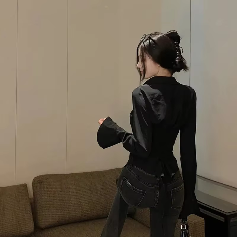 Chemisier slim à manches cloche pour femmes, chemises bandage coréennes, streetwear tout assressenti